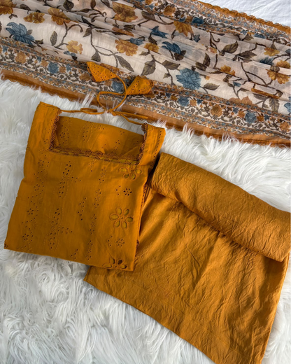 Yellow Mustard Chikankari With Plazzo & Printed Dupatta - 3 Pc Set