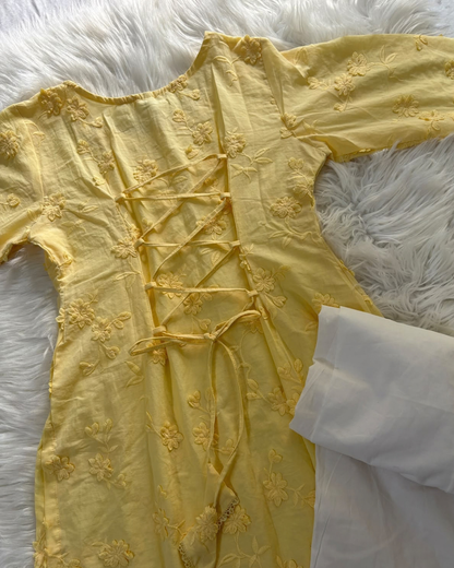 Butter Yellow Chikankari Kurti With White Cotton Trouser - 2 PC