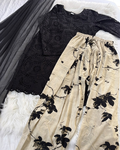 Inked - Black Chikankari & Printed Lawn Farshi - 3 PC