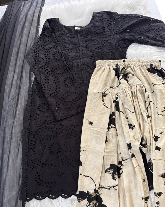 Inked - Black Chikankari & Printed Lawn Farshi - 3 PC