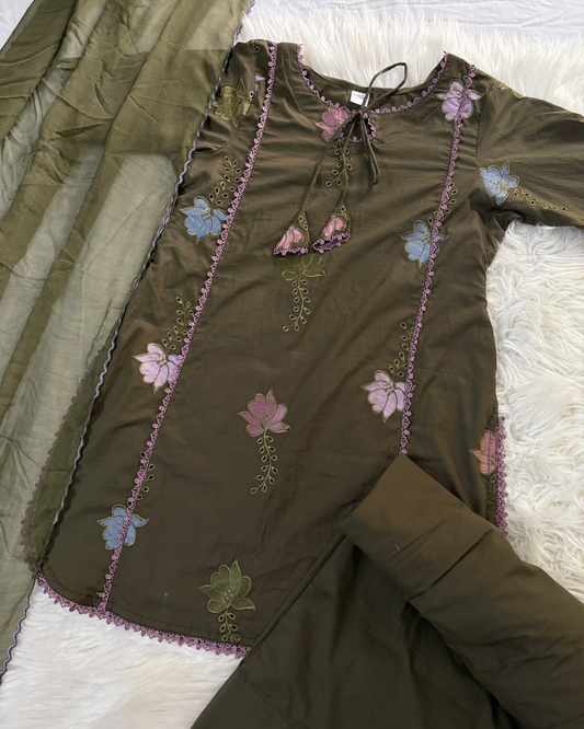 Pastel Petal Olive Embroidred 3 PC Suit