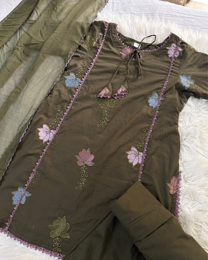 Pastel Petal Olive Embroidred 3 PC Suit