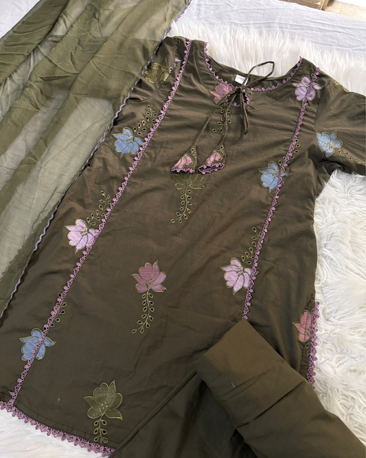 Pastel Petal Olive Embroidred 3 PC Suit
