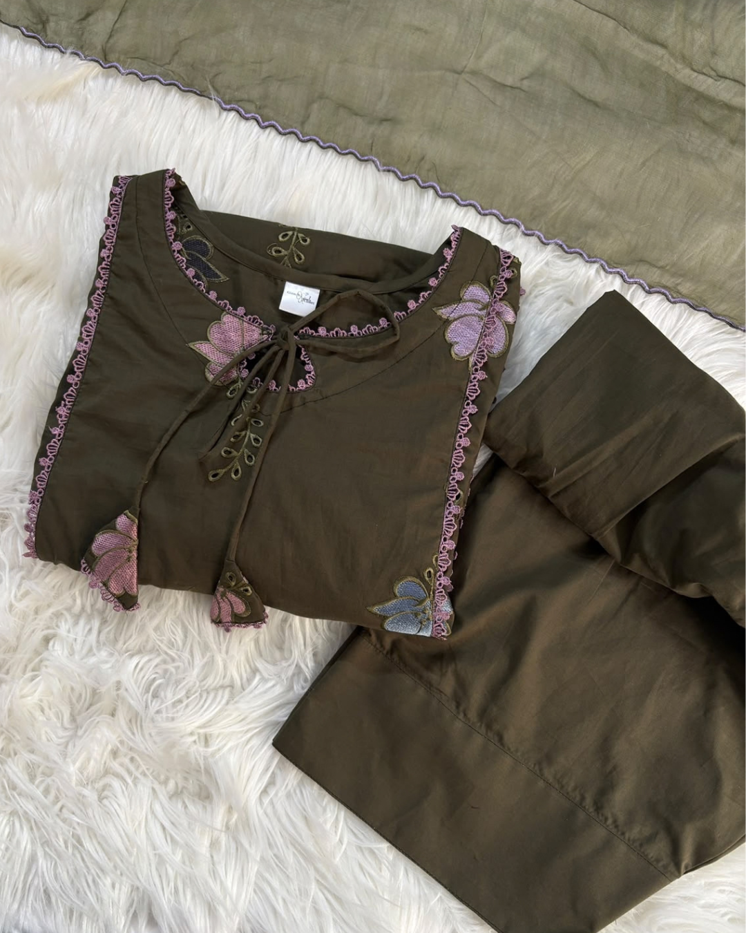 Pastel Petal Olive Embroidred 3 PC Suit
