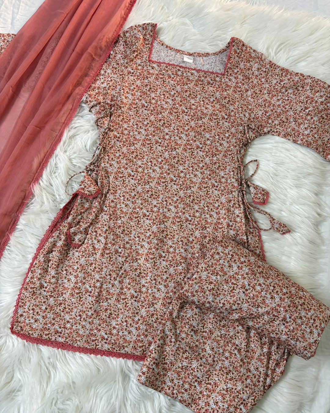Peach Blossom Side Corset Set- 3 PC