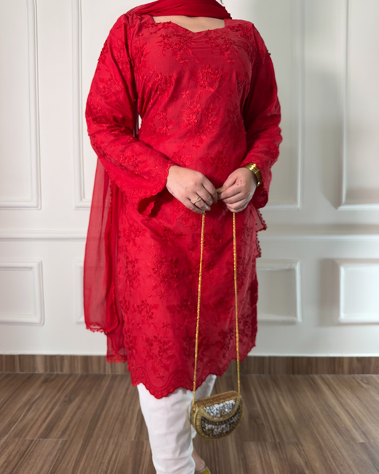 Red Chikankari 3 Pcs Suit - Viral Summer Edition