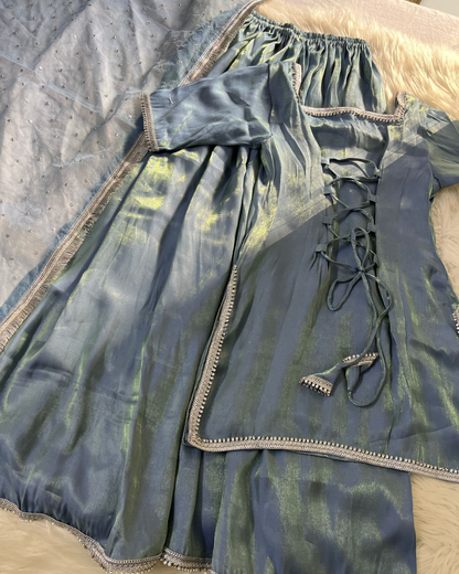 Metallic Blue Sheesha Silk 3 Pcs Suit - With Kiran Dupatta