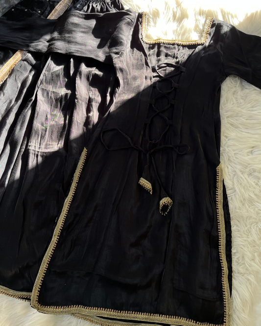 Black Sheesha Silk 3 Pcs Suit - With Kiran Dupatta