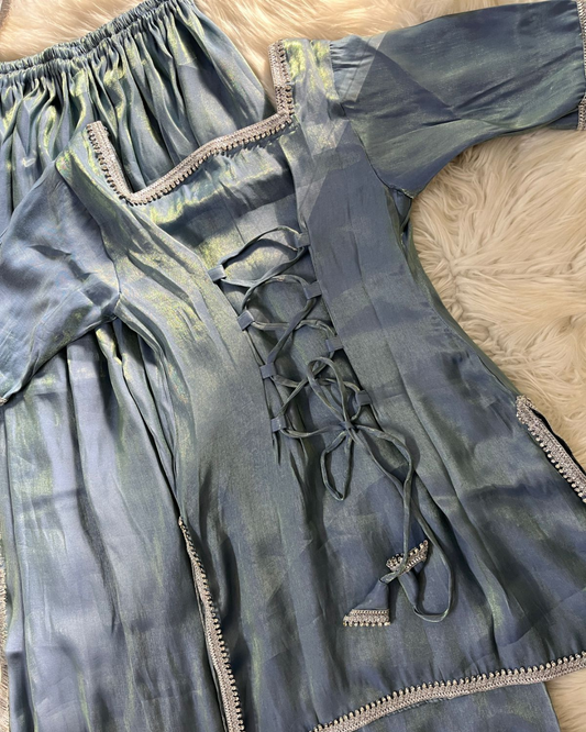 Metallic Blue Sheesha Silk 3 Pcs Suit - With Kiran Dupatta