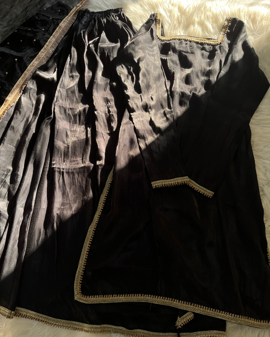 Black Sheesha Silk 3 Pcs Suit - With Kiran Dupatta