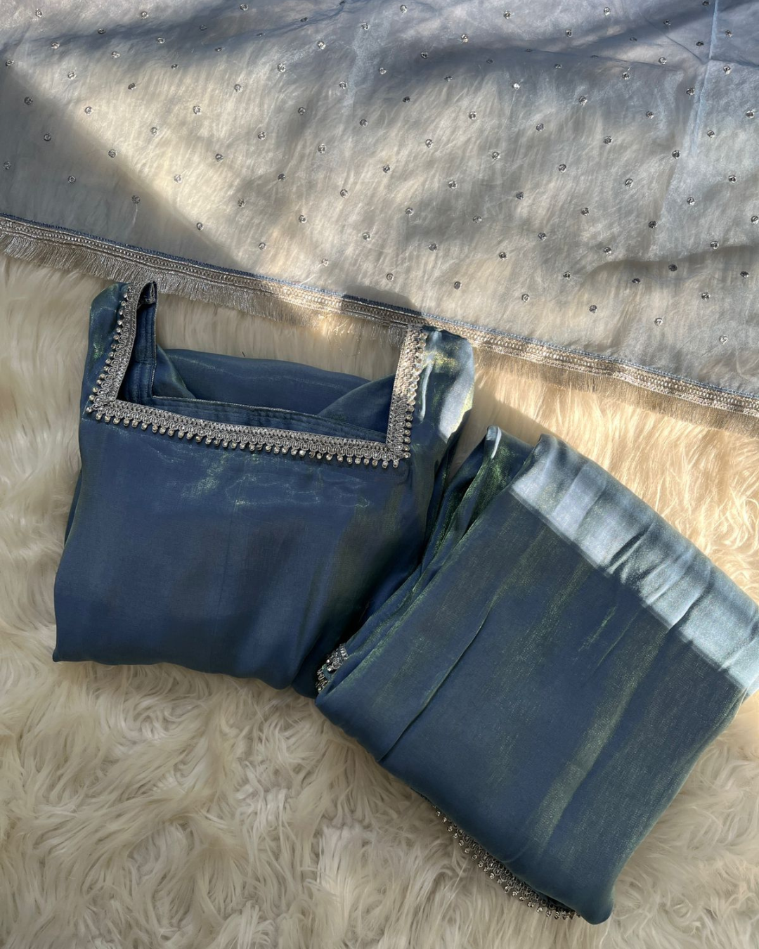 Metallic Blue Sheesha Silk 3 Pcs Suit - With Kiran Dupatta