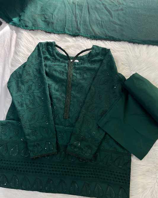Emrald Green Chikankari 3 Pcs Suit - Viral Summer Edition