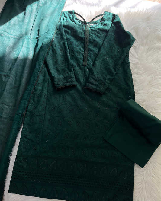 Emrald Green Chikankari 3 Pcs Suit - Viral Summer Edition