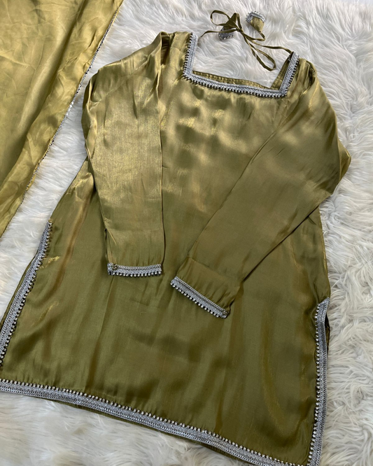 Mehendi Green Sheesha Silk 3 Pcs Suit - Most Trending Eid