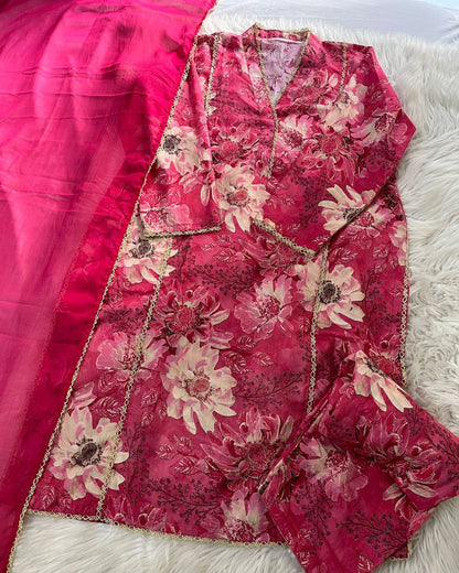 Floral Printed Deep Rose Pink - Shalwar Kameez & Dupatta 3 Pcs
