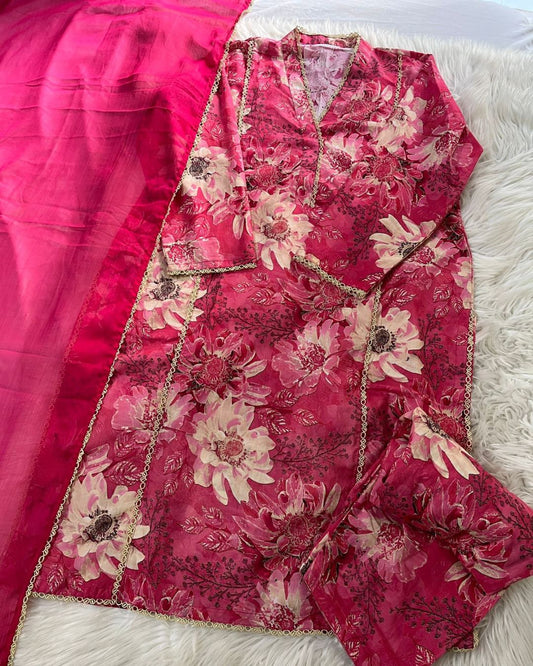 Floral Printed Deep Rose Pink - Shalwar Kameez & Dupatta 3 Pcs