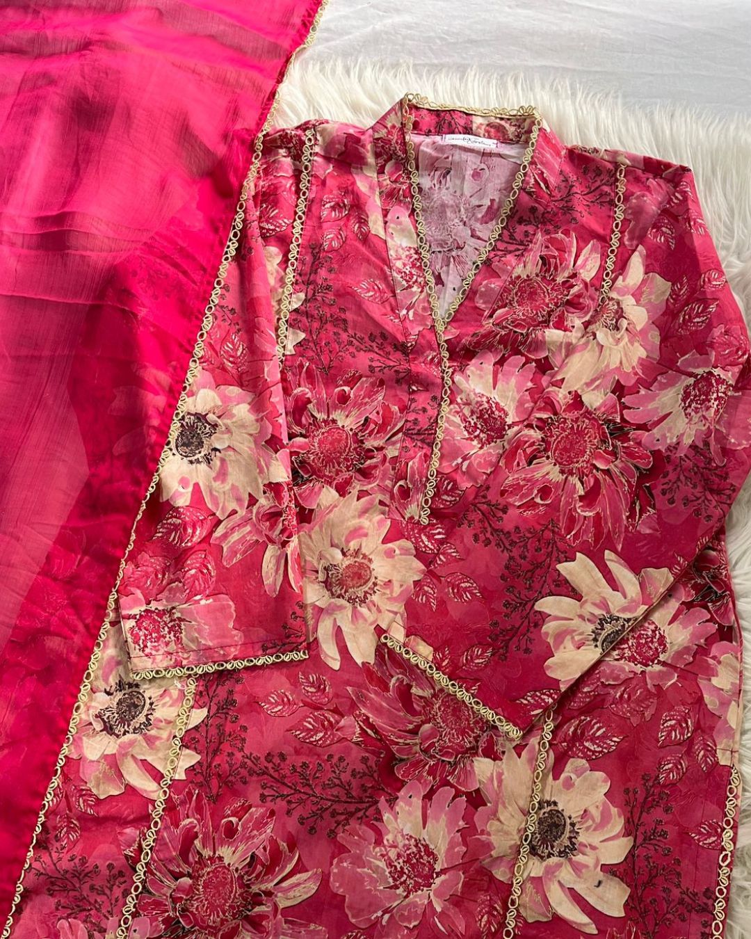 Floral Printed Deep Rose Pink - Shalwar Kameez & Dupatta 3 Pcs