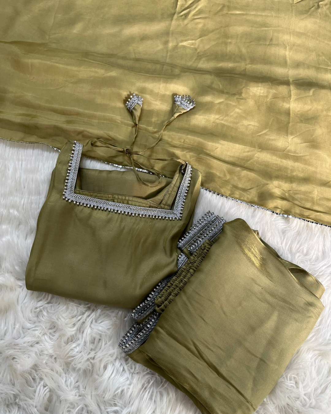 Mehendi Green Sheesha Silk 3 Pcs Suit - Most Trending Eid
