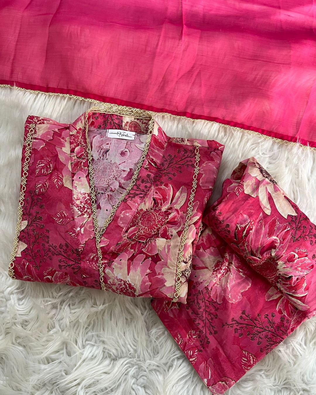 Floral Printed Deep Rose Pink - Shalwar Kameez & Dupatta 3 Pcs