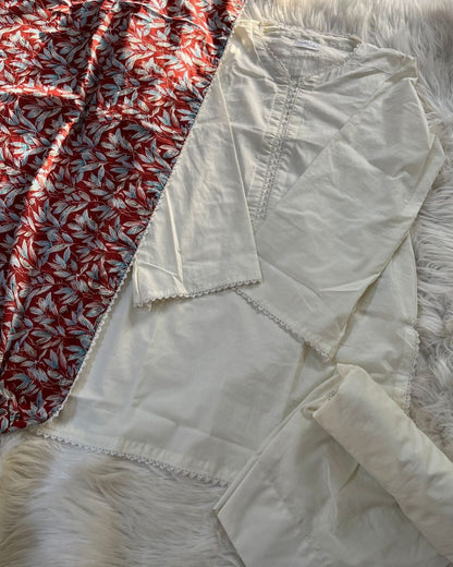 Plain White Farshi Suit With Printed Lawn Dupatta- 2 Pcs