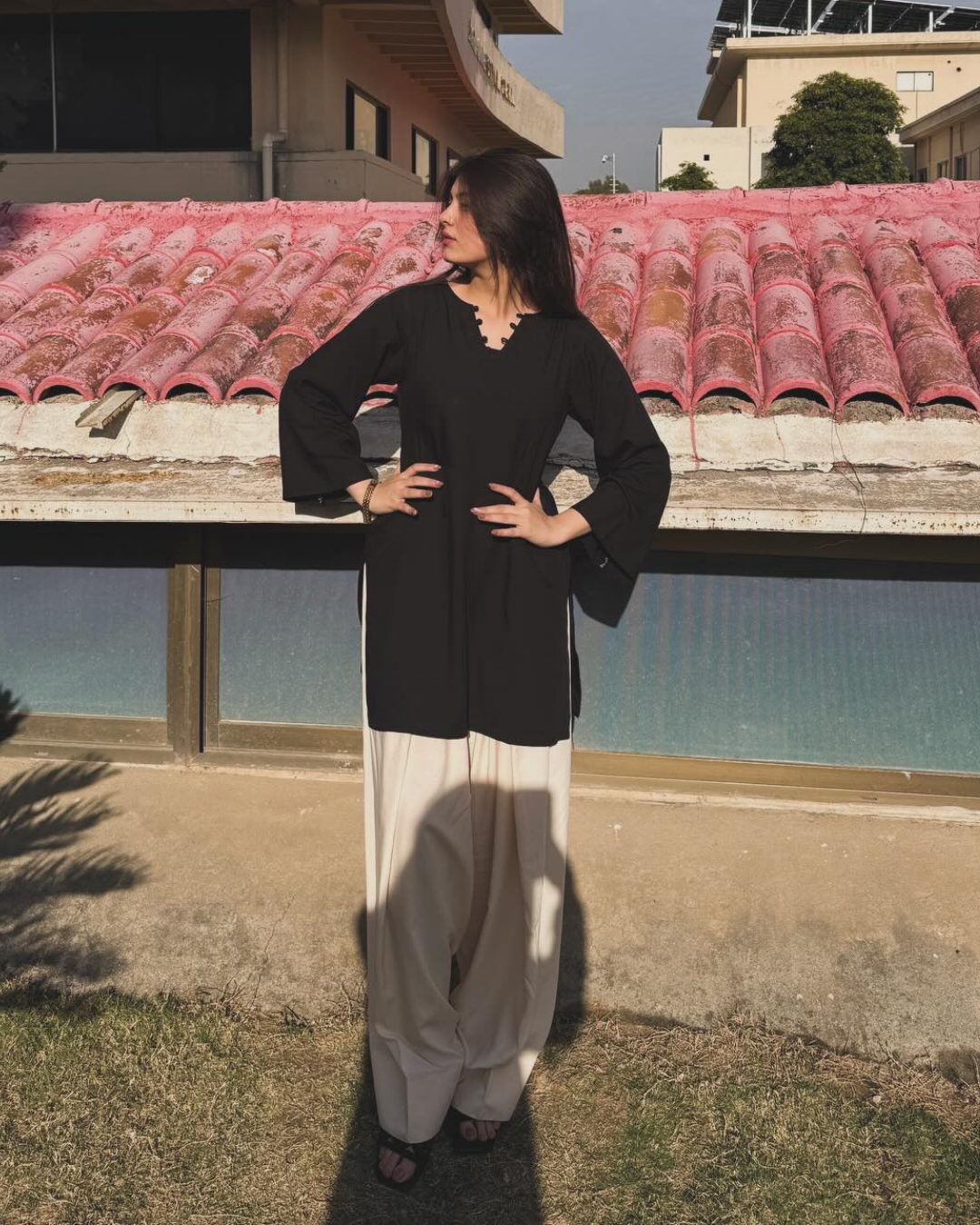 Black Kameez With Beige Linen Farshi Shalwar