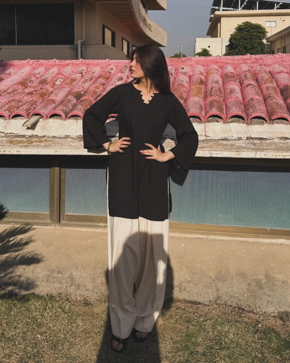 Black Kameez With Beige Linen Farshi Shalwar