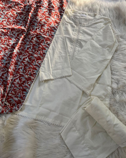 Plain White Farshi Suit With Printed Lawn Dupatta- 2 Pcs