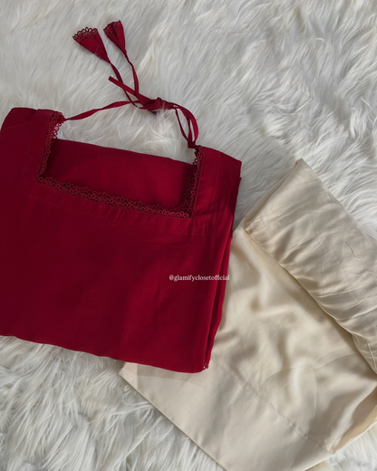 Maroon Kameez With White Linen Farshi Shalwar