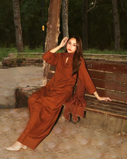 Viral Brown Double Georgette - 3 Pcs Suit