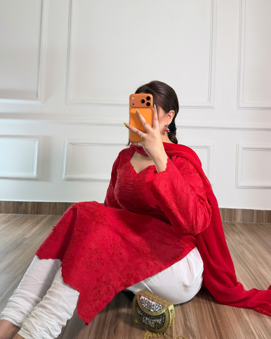 Red Chikankari 3 Pcs Suit - Viral Summer Edition