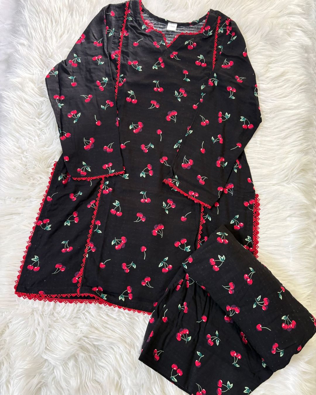 Black & Red Cherries Linen - 2 Pcs - Summer Arrivals