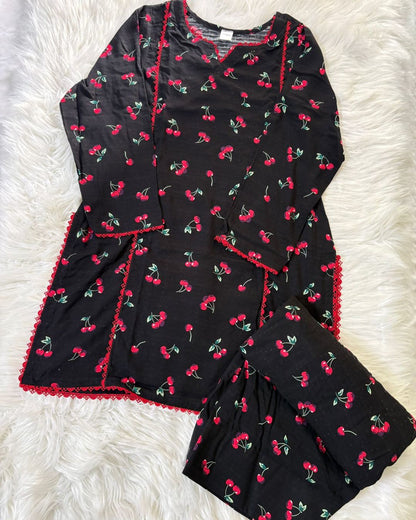 Black & Red Cherries Linen - 2 Pcs - Summer Arrivals