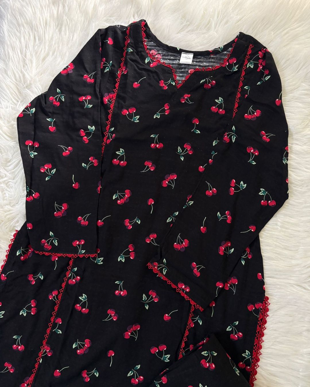 Black & Red Cherries Linen - 2 Pcs - Summer Arrivals