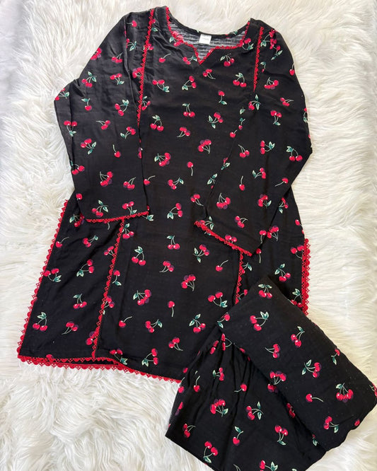 Black & Red Cherries Linen - 2 Pcs - Summer Arrivals