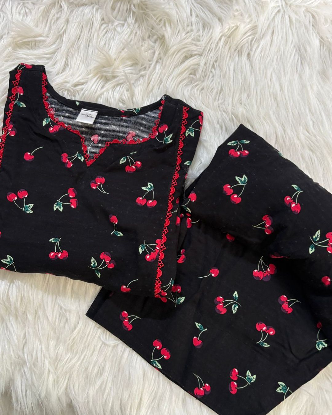 Black & Red Cherries Linen - 2 Pcs - Summer Arrivals