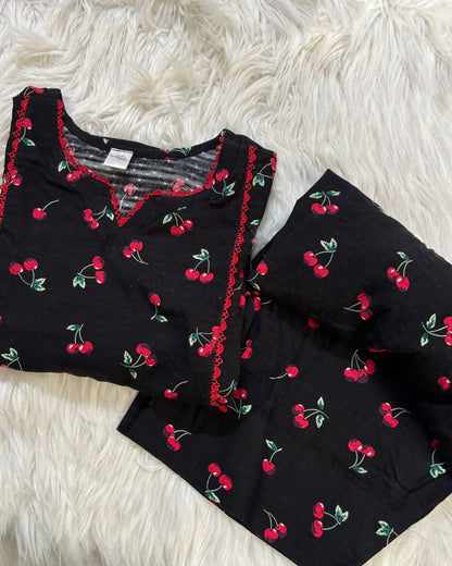 Black & Red Cherries Linen - 2 Pcs - Summer Arrivals