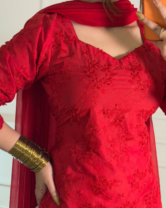 Red Chikankari 3 Pcs Suit - Viral Summer Edition