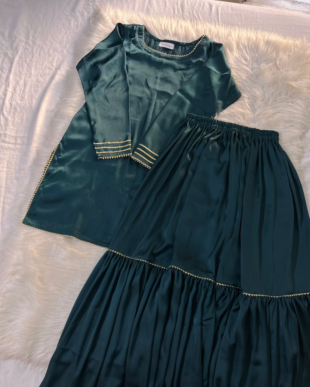 Deep Teal Silk Gharara Set | Chiffon with Gotta Detailing