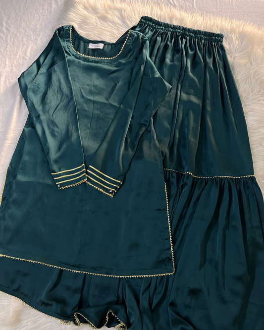 Deep Teal Silk Gharara Set | Chiffon with Gotta Detailing