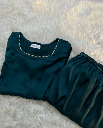 Deep Teal Silk Gharara Set | Chiffon with Gotta Detailing