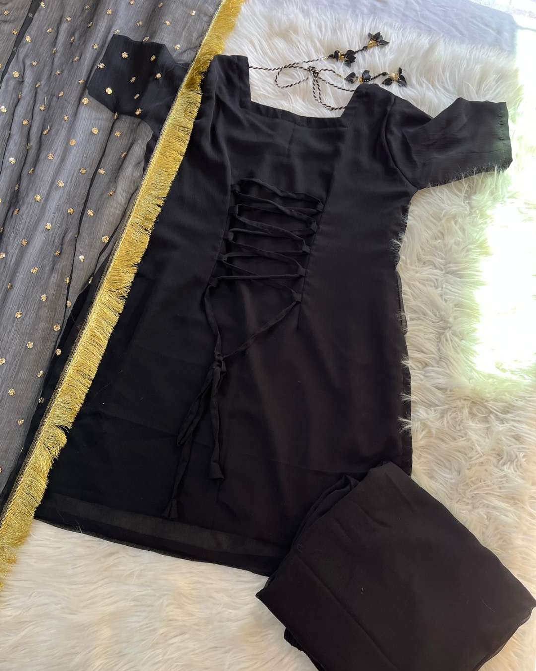 Black Corset Back Wide-Leg Set 3 Pcs