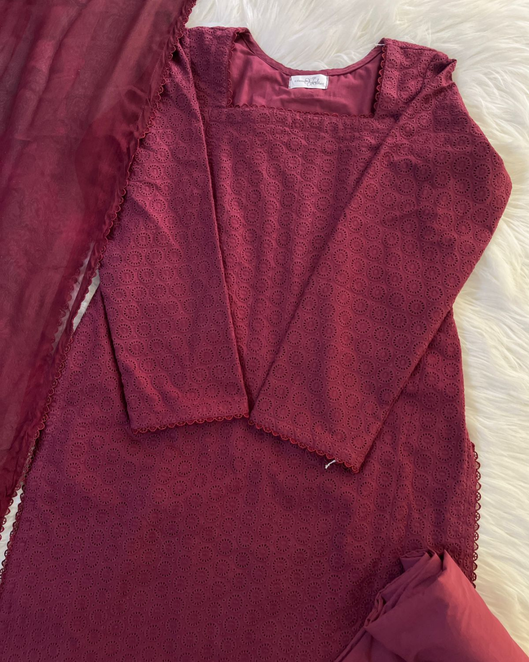 Maroon Chikankari Corset Back- 3 Pcs