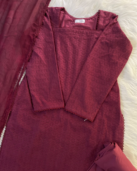 Maroon Chikankari Corset Back- 3 Pcs