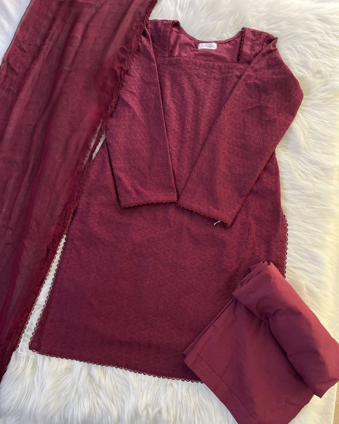 Maroon Chikankari Corset Back- 3 Pcs