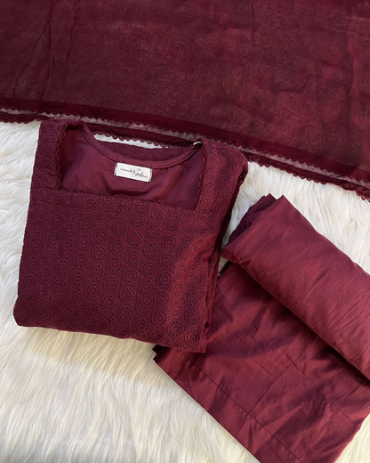 Maroon Chikankari Corset Back- 3 Pcs