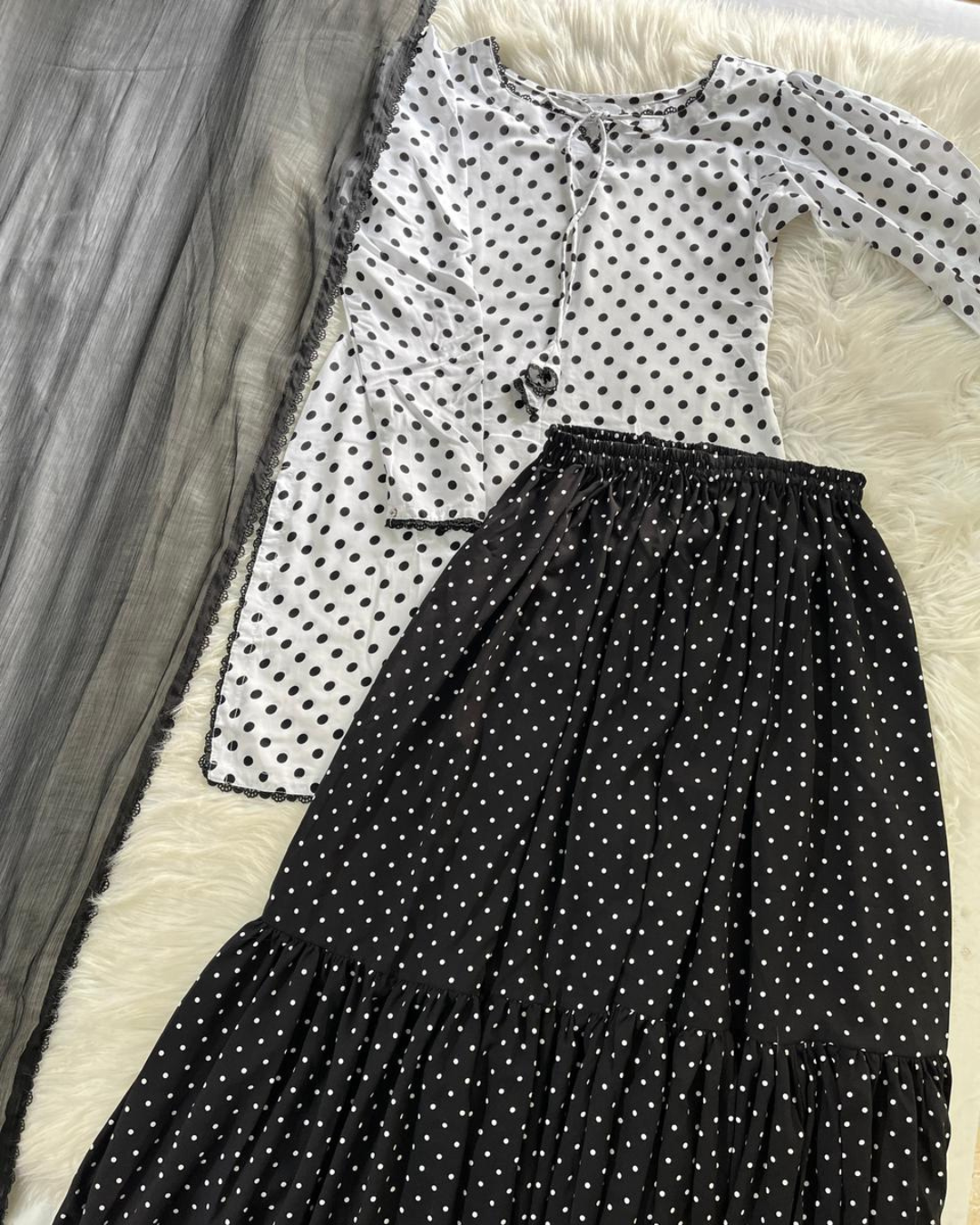 Black & White Polka Dots Linen | Gharara Set - 3 Pcs