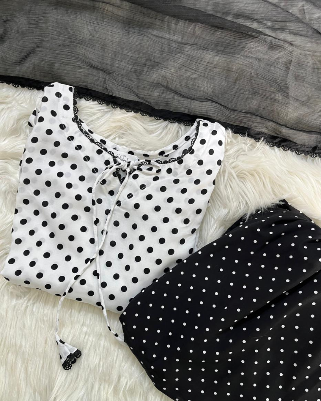 Black & White Polka Dots Linen | Gharara Set - 3 Pcs