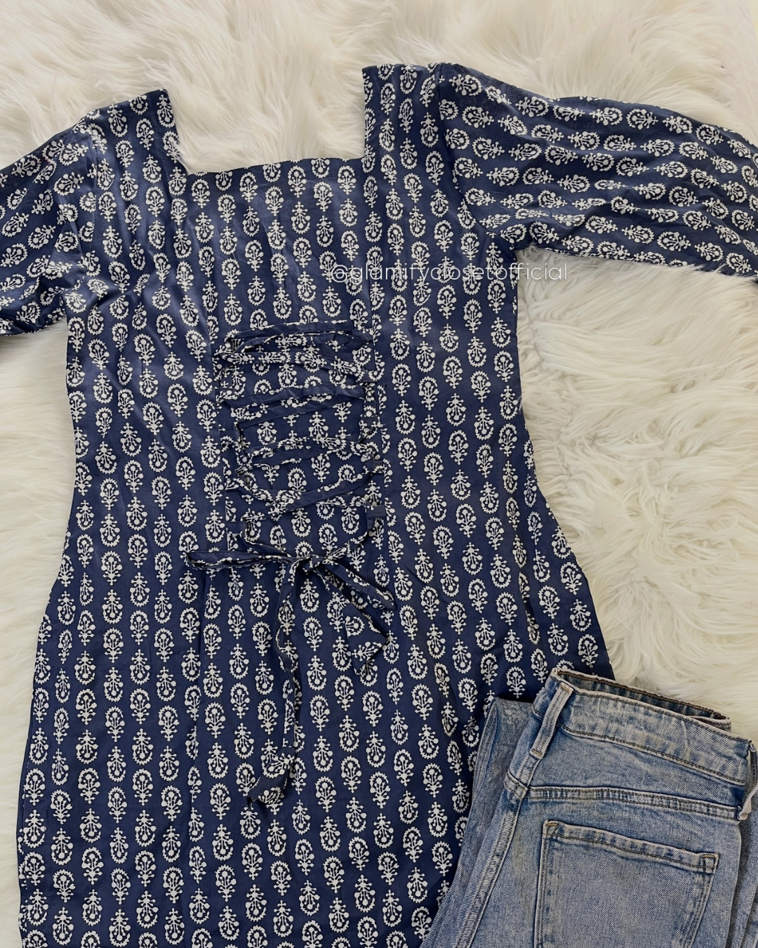 Blue Printed - Corset Back Kurti Lawn