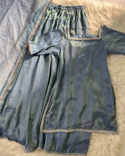 Metallic Blue Sheesha Silk 3 Pcs Suit - With Kiran Dupatta