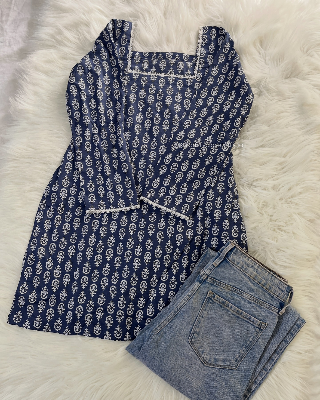 Blue Printed - Corset Back Kurti Lawn